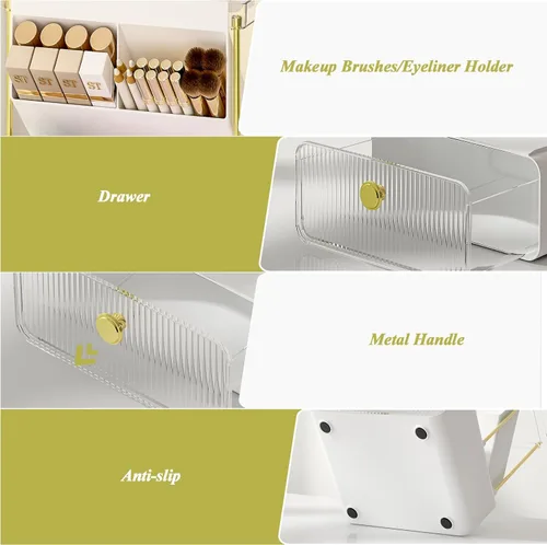 Miniatura 4 de FOLLOWIN Organizador de mostrador de baño con cajón, organizador para la parte superior de la cómoda con soporte para brochas de maquillaje, estante