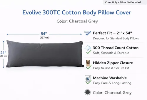 Miniatura 2 de Evolive Nueva Funda de Almohada Corporal de Hilo 300TC 100% Algodón con Cierre de Cremallera Oculto 21"x54" (Gris Carbón)