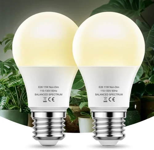 Bombilla LED de cultivo A19 - Base E26 de espectro completo, 11 W (equivalente a 100 W) para plantas de interior, flores, invernadero, paquete de 2