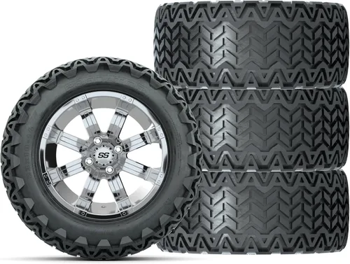 GTW Combo de ruedas y neumáticos para carrito de golf de 14 pulgadas | Ruedas cromadas GTW Tempest en neumáticos todo terreno Predator de 23 x 10-14