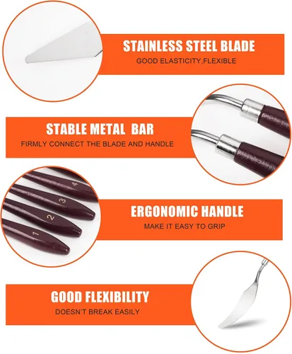 Miniatura 3 de Cuchillo de paleta – 5 cuchillos de acero inoxidable con bordes lisos y mango de madera para un agarre resistente, raspador de mezcla para pintura