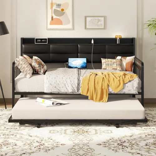 Miniatura 3 de Homieasy Sofá cama con nido, cama individual con cabecera tapizada y estación de carga, marco de sofá cama individual de metal, cama nido Negro