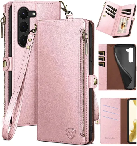 Miniatura 11 de XcaseBar Funda tipo cartera para Samsung Galaxy S23 Plus con cremallera 【Bloqueo RFID】 Soporte para tarjeta de crédito, libro de folio con tapa Rosa