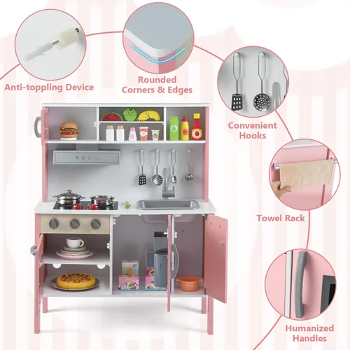 Miniatura 7 de Costzon Juego de cocina para niños, juego de cocina de madera con sonido, microondas, horno, máquina de hielo, campana extractora, estufas