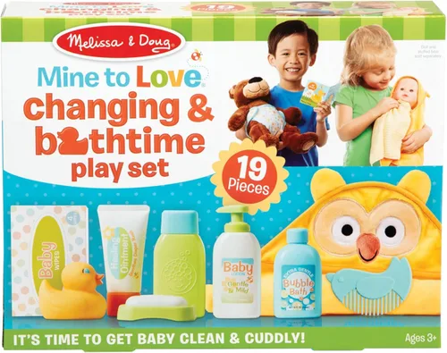 Miniatura 3 de Melissa & Doug Mine to Love - Juego de cambio y baño para muñecas – Pañales, champú de simulación, toallitas, toalla, más (19 piezas)