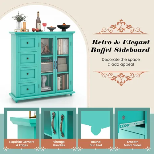 Miniatura 7 de COSTWAY Aparador de buffet, armario de almacenamiento de cocina con 4 cajones, 2 puertas de vidrio templado, mesa de buffet, armario decorativo