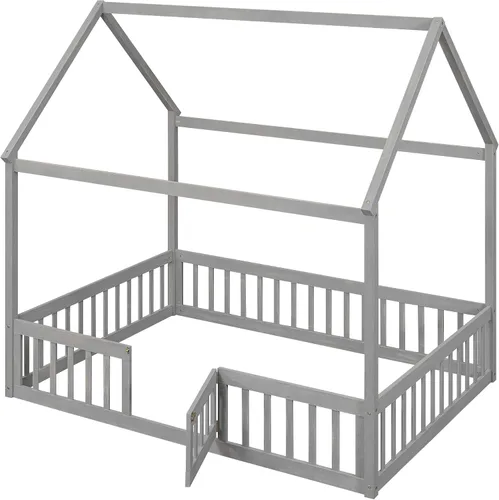 Miniatura 6 de VilroCaz Cama de casa de tamaño matrimonial para niños, marco de cama Montessori de madera maciza con valla y puerta para niños y niñas, diseño