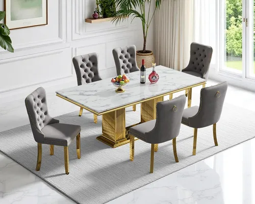 Miniatura 68 de Moderno juego de mesa de comedor de mármol sintético de 68.11 pulgadas para 6, mesa de comedor de mármol blanco y plateado con 6 sillas de Blanco