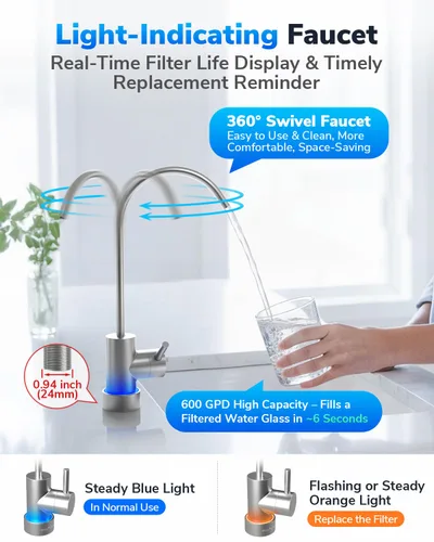 Miniatura 4 de Sistema compacto de ósmosis inversa E6 600GPD, sistema de ósmosis inversa sin tanque de 9 etapas debajo del filtro de agua del fregadero, Negro E6