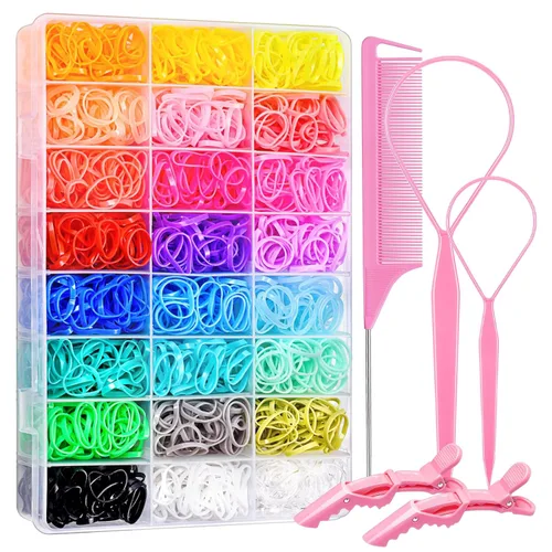 IKOCO Juego de ligas para el cabello, 1505 bandas elásticas coloridas para el cabello con herramientas para el cabello Topsy Tail, peine de cola de