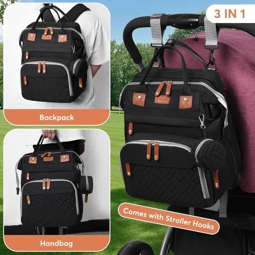 Miniatura 4 de Mochila para pañales con cambiador, bolsa de pañales grande para niños y niñas, mochila multifuncional para pañales de viaje, bolsa de bebé con Negro