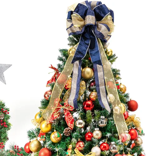 Miniatura 4 de Adorno de Lazo Azul Dorado para la Punta del Árbol de Navidad - 33 x 13 Pulgadas Lazo de Regalo Grande Hecho a Mano Decoración para Coronas