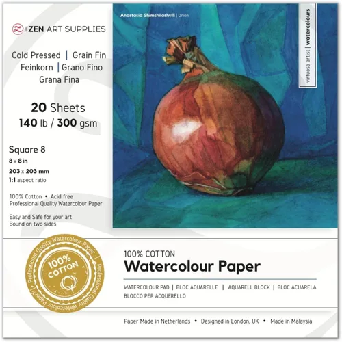 ZenART - Bloque de papel de acuarela de 8 x 8 pulgadas, papel de acuarela 100% algodón, prensado en frío, 140 libras, 300 GSM, sin ácidos, 20 hojas,