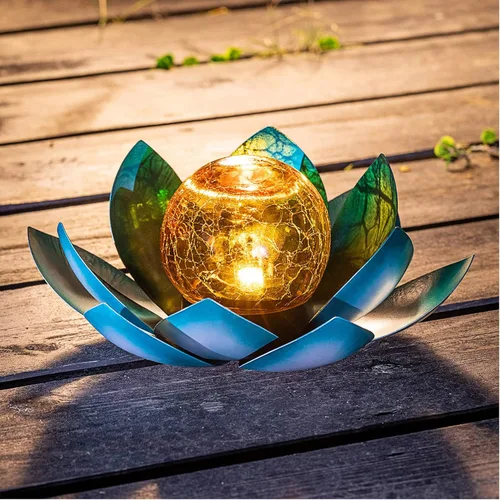 Miniatura 13 de Huaxu Luces solares para jardín al aire libre, decoración de loto de cristal con forma de globo agrietado, decoración de flores LED impermeables