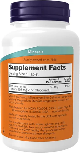 Miniatura 2 de NOW Foods Suplementos, Zinc (Gluconato de Zinc) 50 mg, Apoya las funciones enzimáticas*, Apoyo Inmunológico*, 250 Tabletas