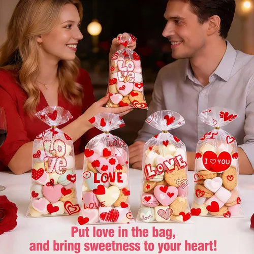 Miniatura 7 de Bolsas de golosinas de San Valentín ONFAON, 180 bolsas de caramelos de San Valentín con 200 lazos para empacar bocadillos, galletas y caramelos, San