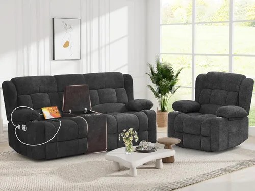Miniatura 26 de Juego de Sofá Reclinable de Dos Plazas con 2+1 Piezas, Sillón Reclinable Minimalista de 2 Plazas con Pestaña de Tirón Manual, Tela con Puertos