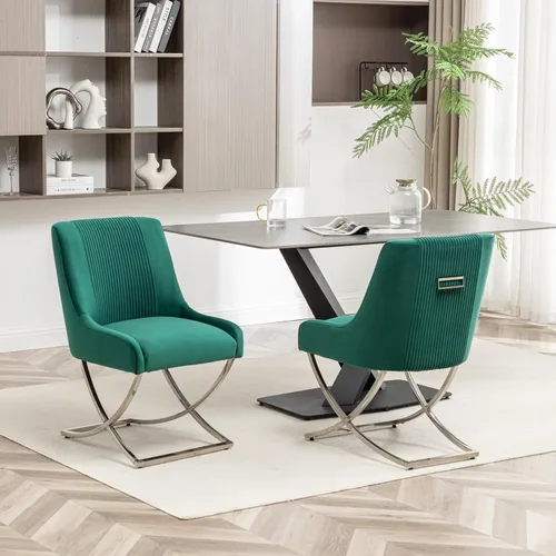 Miniatura 2 de Juego de 2 sillas de cocina y comedor, de terciopelo tapizado moderno, sillas de metal copetudas contemporáneas con patas plateadas en forma de X