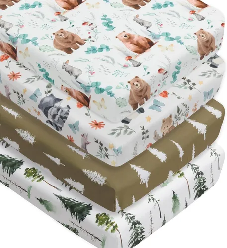 Miniatura 11 de Juego de 4 sábanas ajustadas para cuna con diseño de animales del bosque, neutras en madera, unisex, para bebés niños o niñas