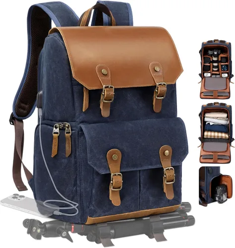 Miniatura 10 de Mochila para cámara Padwa Lifestyle - Bolsa de cámara de lona de memoria encerada resistente al clima para fotógrafos, Café