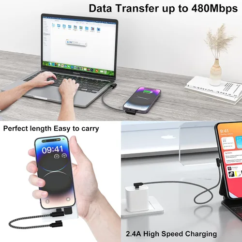Miniatura 5 de Cargador para iPhone de 1 pie y 90 grados, 2 unidades, con certificación MFi, cable Lightning corto en ángulo recto, cable de carga rápida