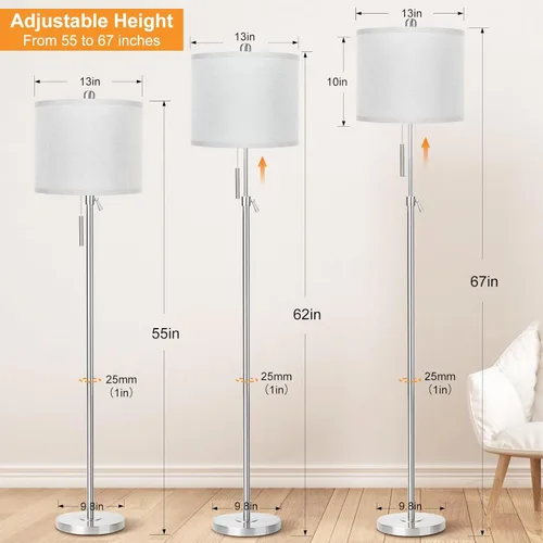 Miniatura 2 de Lámpara de pie de níquel cepillado para sala de estar, lámpara de pie de altura ajustable con base de metal, luz de poste alto con pantalla gris
