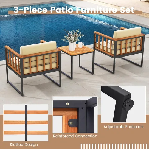 Miniatura 8 de Tangkula Juego de sillas de patio de 3 piezas, juego de sofá de madera de acacia para exteriores con soporte de metal, asiento suave y cojines