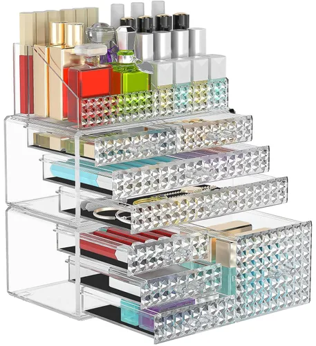 Miniatura 12 de Paquete de 3 organizadores de maquillaje apilables [actualizados], estuches de almacenamiento de cosméticos acrílicos con 8 cajones organizadores
