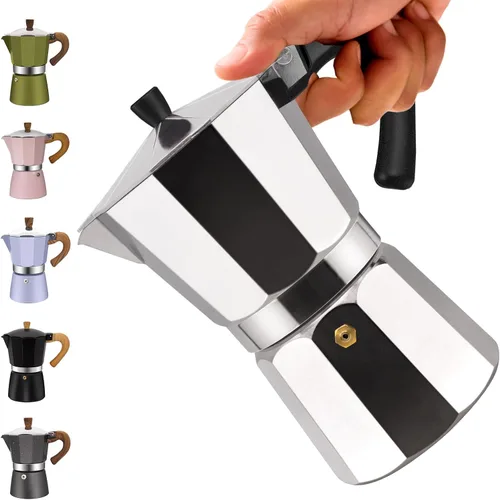 Miniatura 11 de Cafetera clásica de aluminio para 3 tazas, cafetera espresso de 5.1 fl oz, 5 onzas, cafetera de moca, olla greca, cafetera para café italiano y Azul