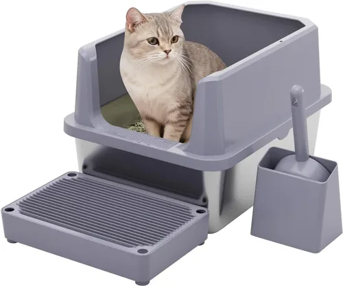 RIZZARI Pequeña caja de arena para gatos de acero inoxidable con alfombrilla de control de seguimiento, bandeja de arena abierta y fácil de limpiar