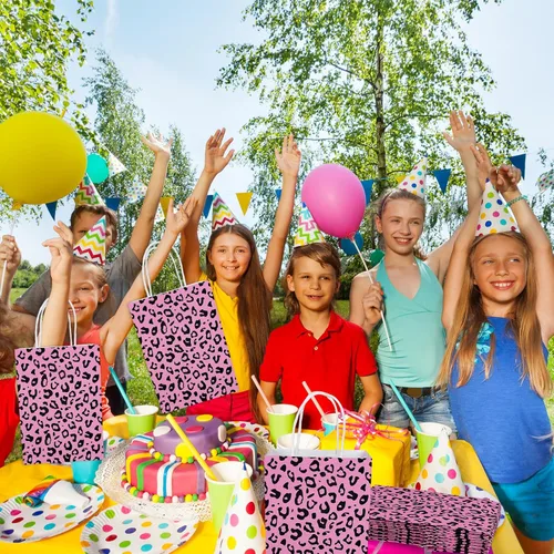 Miniatura 4 de Whaline 16 bolsas de regalo de papel con estampado de leopardo con asas, bolsa de regalo con estampado de animales rosados, bolsas de golosinas