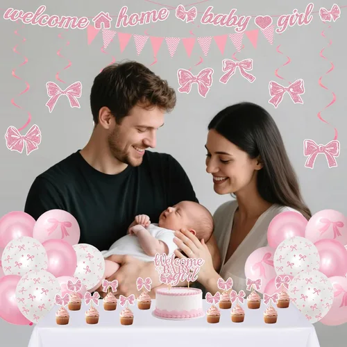 Miniatura 6 de Decoraciones de bienvenida a casa para bebé, 42 unidades, lazo rosa, decoración de baby shower, remolinos colgantes, decoración de tartas grandes