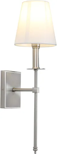 PERMO Aplique de pared industrial rústico clásico con cable con pantalla textil blanca acampanada y soporte de columna cónico de níquel cepillado,