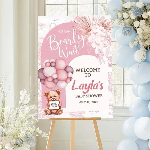 Miniatura 10 de Letrero de bienvenida personalizado para baby shower, letrero de bienvenida personalizado con lazo rosa para baby shower, póster de lazo rosa