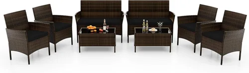 Miniatura 21 de RELAX4LIFE Juego de muebles de patio de 4 piezas – Juego de muebles de ratán para conversación al aire libre con cojines, mesa de centro de cristal