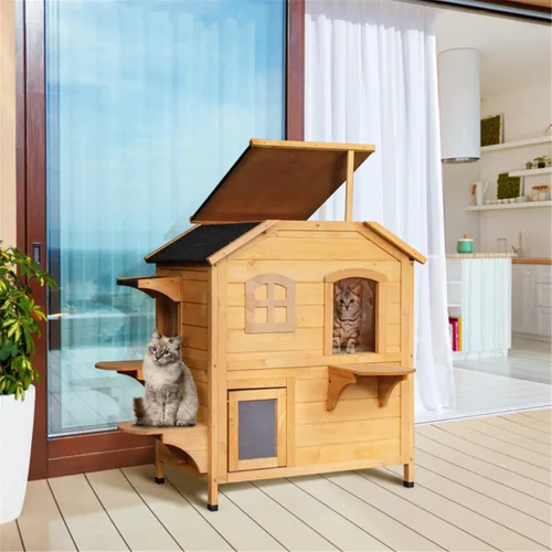 Miniatura 6 de 2-Story Cat House with Multiple Entrances - Outdoor & Indoor Wooden Cat Condo with Asphalt Roof, Waterproof Paint, Jump Ledges & Easy-Clean Opening