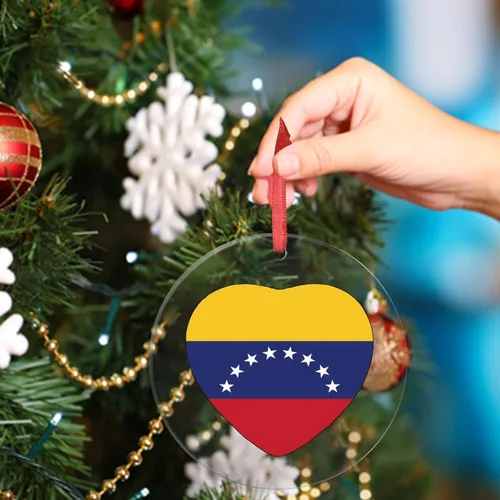 Miniatura 5 de Adorno de Navidad personalizado de la bandera de Venezuela 2023, adornos de corazón para árboles de Navidad, acrílico país, ciudad, recuerdo