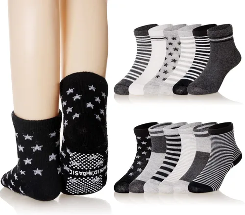 Miniatura 11 de Calcetines con Agarre Antideslizante para Niños Pequeños Calcetines de Tripulación de Algodón Anti Resbalón para Bebés Niños y Niñas 12 Pares