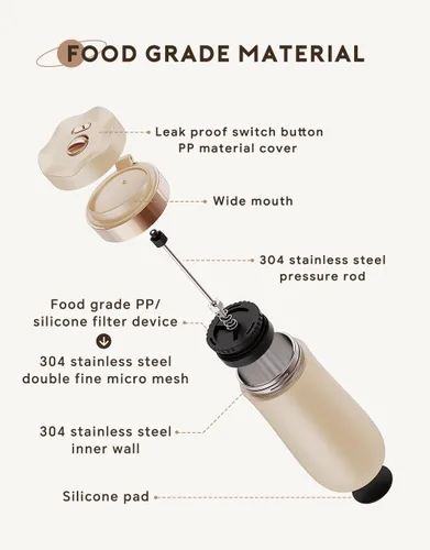 Miniatura 6 de Cafetera portátil de prensa francesa y prensa de té, taza de viaje de acero inoxidable aislada al vacío de 11 oz, filtro fino único para campamento