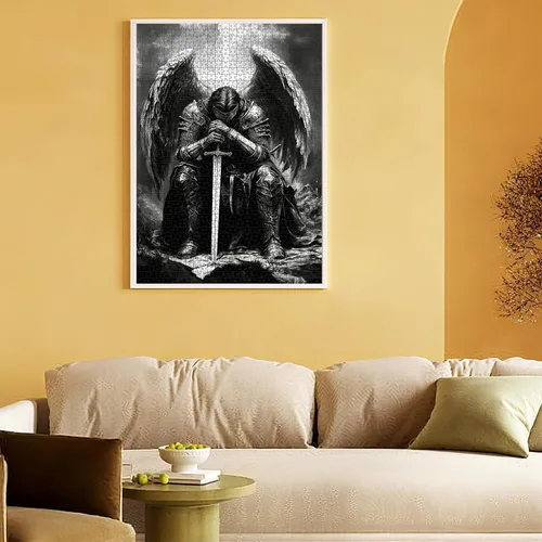 Miniatura 2 de Rompecabezas de 1000 piezas para adultos, vintage, caballero ángel caído en armadura, fantasía oscura en blanco y negro, juego medieval, desafiante