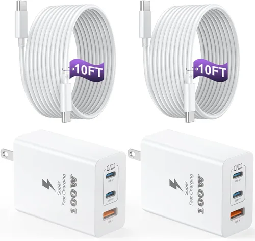 Bloque de cargador USB C de 100 W, cargador de teléfono GaN de 3 puertos súper rápido, cargadores tipo C de 65 W para laptop con cable de carga USB