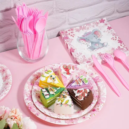 Miniatura 7 de Bokon Juego de 300 platos de elefante para baby shower, para 50 vajillas, incluye platos, servilletas, tenedores, cucharas, cuchillos, elefante
