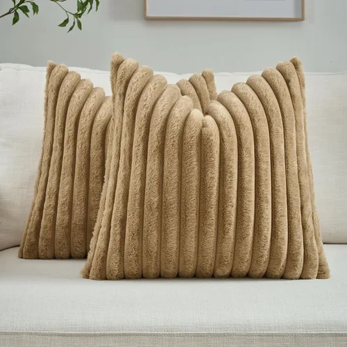 Miniatura 77 de FUTEI - Juego de 2 fundas de almohada decorativas con rayas, cuadradas, para invierno, piel sintética de conejo suave y acogedora y respaldo