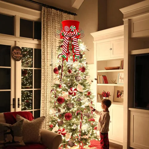 Miniatura 5 de Adorno para la Copa del Árbol de Bastones de Caramelo de Navidad Sombrero Rojo con Lazos de Menta Adorno Piruleta de Invierno Decoración del Hogar