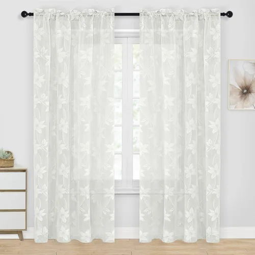 Miniatura 52 de DWCN Paquete de 2 cenefas de encaje floral para cocina, 52 x 18 pulgadas, con bolsillo para barra, cortina de gasa para ventana pequeña, cocina