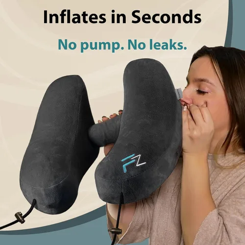 Miniatura 2 de FLOWZOOM Almohada inflable para el cuello para viajar en avión, almohada de avión con capucha en forma de H con 5 modos de repetición, inflado Negro