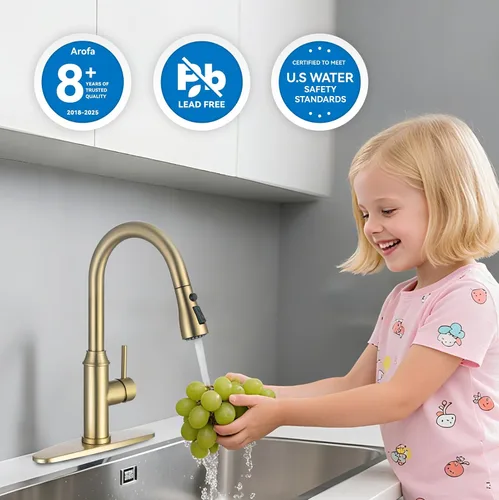 Miniatura 3 de Grifo de cocina dorado con rociador, grifo de fregadero de cocina de una sola manija con rociador extraíble, bronce champán, Arofa