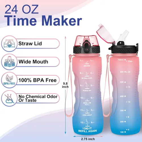 Miniatura 2 de Botella de agua motivacional para niños de 24 onzas con marcador de tiempo, tapa de pajilla, a prueba de fugas, botella de agua deportiva Tritan sin