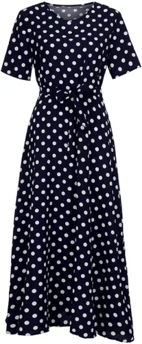 Miniatura 5 de Sunkessety - Vestido largo de verano con cuello redondo y manga corta con cinturón, elegante para fiesta