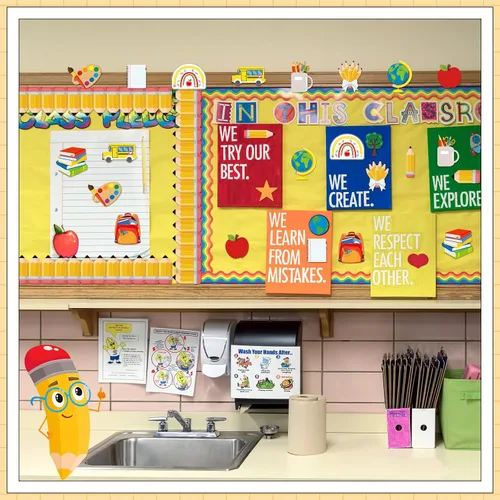 Miniatura 6 de Epakh 36 piezas de decoración de regreso a clases, recortes de autobús escolar para aula, juego de tablón de anuncios para niños y profesores